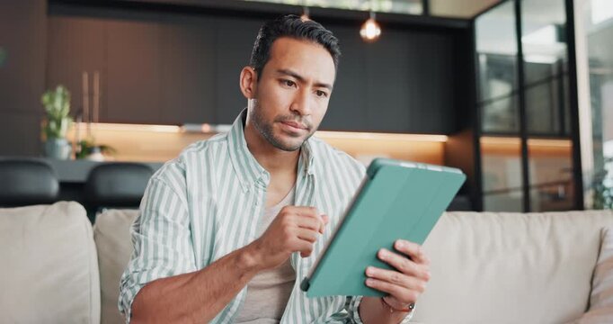 Confused, man and remote work with tablet in home, online and checking email on website or feedback. Writer, frown and person with tech, freelance and browsing social media for project update on app