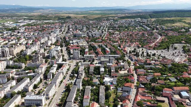 Aerial view of Deva with Catedrala Adormirea Maicii Domnului, Deva, Romania
