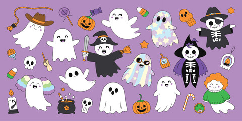 Obraz premium Halloween Cartoon Collection: A vibrant assortment of charming cartoon ghosts, pumpkins, and spooky characters in a playful Halloween theme, perfect for festive decorations and designs.