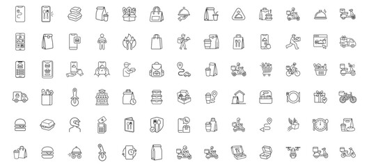 Fototapeta premium line style food delivery and takeout service icon set including mobile ordering, delivery scooter, food packaging, grocery bag, and map navigation on transparent background