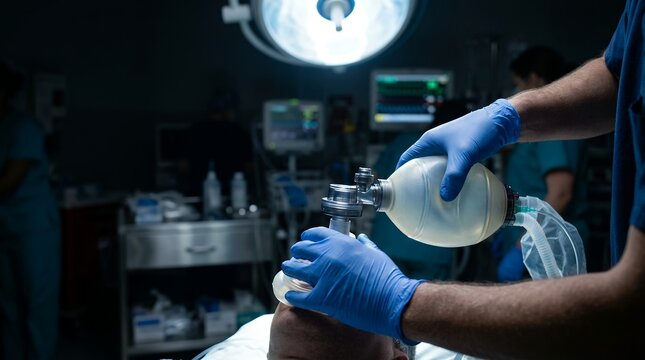 Emergency doctor using a manual resuscitator bag for patient ventilation in a hospital room.