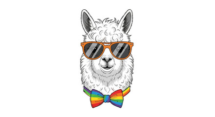 Naklejka premium Cool white llama wearing orange sunglasses and rainbow bowtie