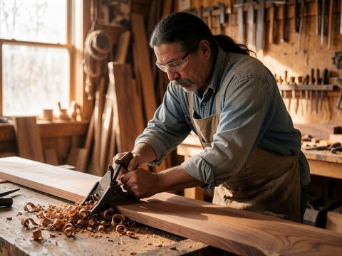 Carpenter using a hand plane on wood in a workshop