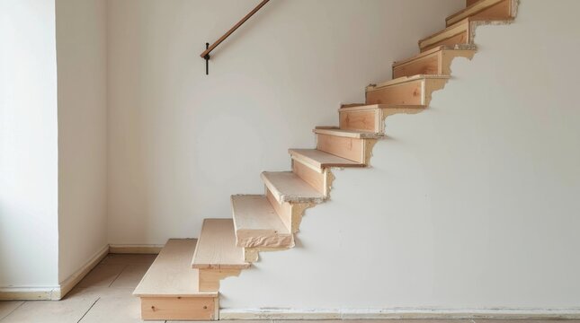 Escalera residencial en proceso de renovaci&oacute;n, con pelda&ntilde;os de madera sin acabado, coberturas protectoras y materiales de obra