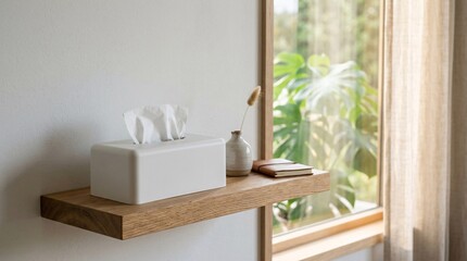 Obraz premium Matte white rectangular tissue box cover on natural wood floating console shelf, soft window sunlight, blurred monstera plant, zen interior.