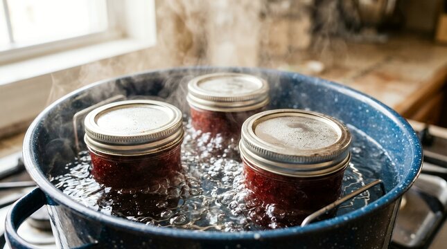Water bath canning process with glass jars boiling in a large pot for food preservation.
