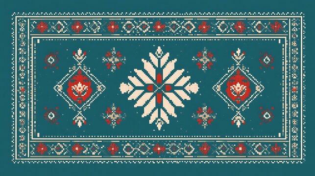 A traditional pixel art rug with intricate floral motifs in red, cream, and teal. Perfect for vintage game background designs or textile culture projects.