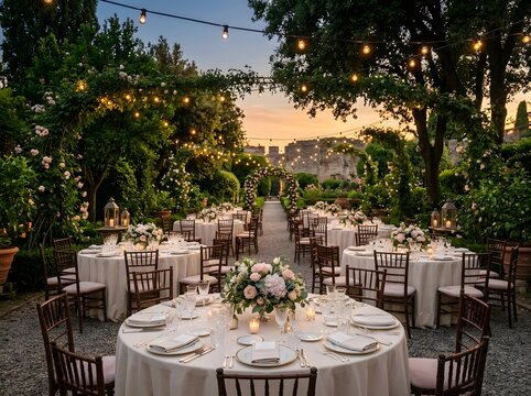 Outdoor wedding reception setup with tables and string lights in a lush garden at dusk