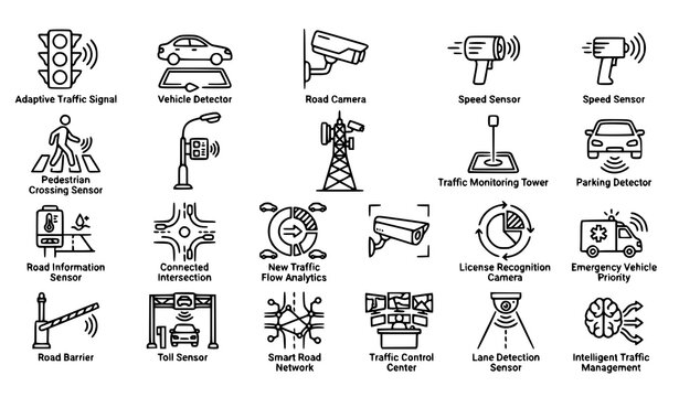 Set of smart city traffic management and intelligent transportation system icons in a clean line art style