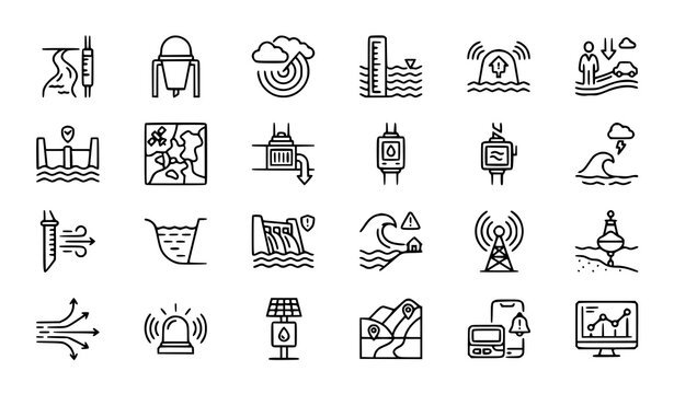 Set of hand drawn vector icons representing flood monitoring systems and natural disaster warning technology