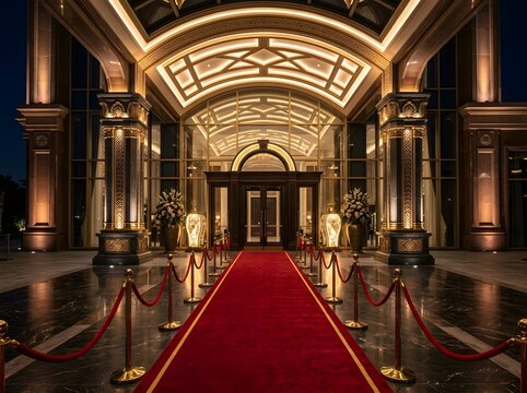 Luxurious hotel lobby interior with red carpet and ornate golden architecture at night
