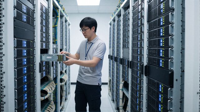 IT Technician Installing Server Hardware in Data Center