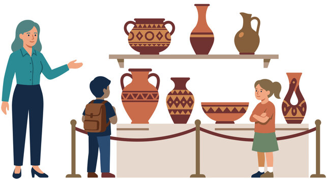 Museum guide showing ancient Greek pottery exhibition to young school kids.