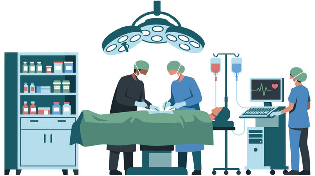 Medical surgical procedure vector illustration with doctors and hospital tools.