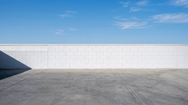 Freshly painted bright white concrete cinderblock wall on smooth grey cement floor under blue sky, high contrast minimalist urban.