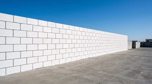 Freshly painted bright white concrete cinderblock wall on smooth grey cement floor under blue sky, high contrast minimalist urban.