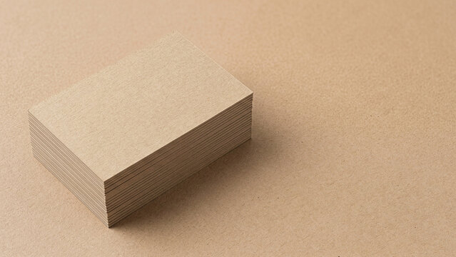 Angled perspective of a stack of blank brown kraft paper business cards on a brown background
