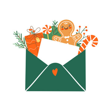 Christmas Envelope with Gingerbread Cookie, Candy Cane, Evergreen Branch and Holiday Lights. Cartoon Vector Illustration.