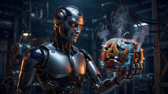 Humanoid robot holding a glowing, smoking cybernetic pumpkin in an industrial setting.