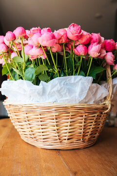 Dog Sitting Beside a Basket of Pink Roses in a Cozy Home Setting