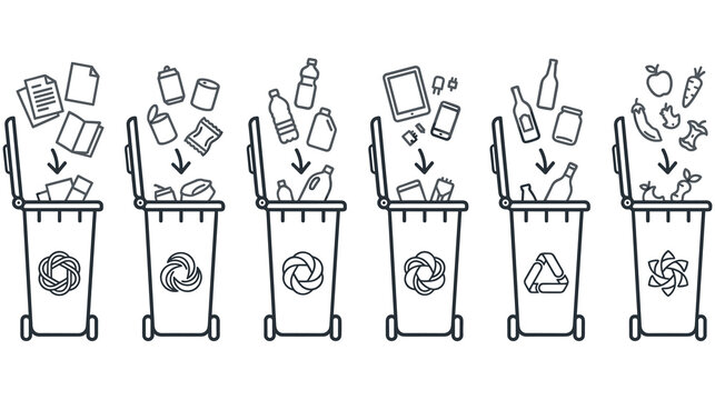 Waste sorting bins linear icons for recycling and waste management infographic.