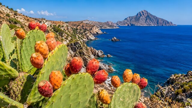 Prickly pear cactus with vibrant ripe fruits on rocky coastline with blue sea in Sicily