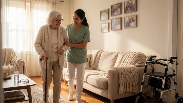 Caregiver helping elderly woman walk with a cane in living room