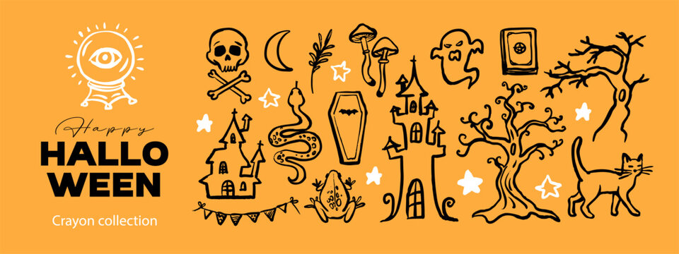 Halloween magic doodle set. Occult symbols, potion tools, creatures. Party invitation, poster, kids decor, sticker pack. Hand drawn crayon vector illustration.