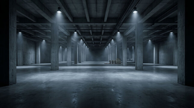 Vast empty concrete warehouse interior with glowing industrial lights and haze