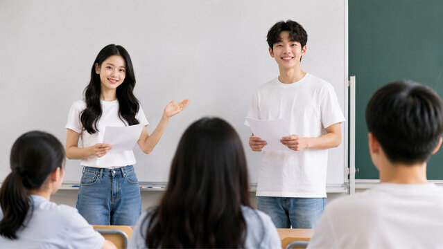 Classroom &mdash; male and female students &mdash; giving a presentation