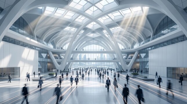 Business People Commuting in Modern Futuristic Corporate Atrium