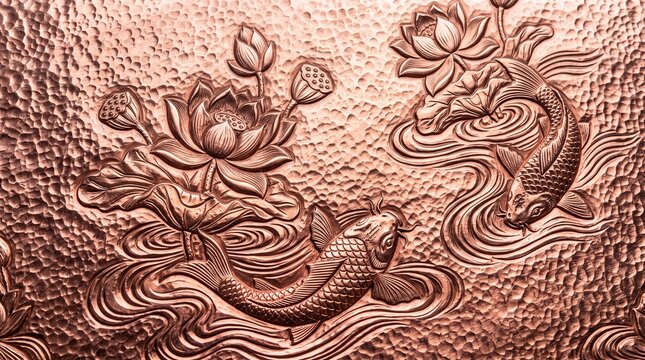 Traditional Hammered Copper Relief with Koi Fish and Lotus