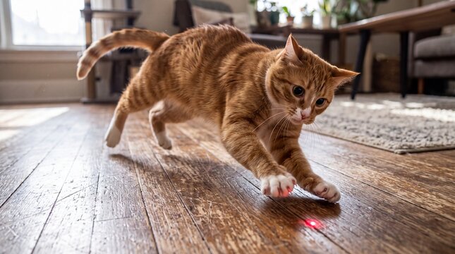 Playful Ginger Cat Chasing Red Laser Pointer on Floor