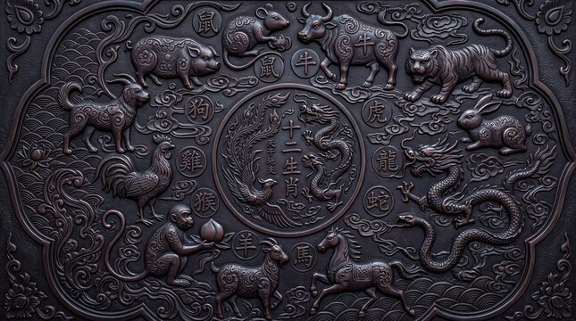 Traditional Chinese Zodiac Twelve Animals Bronze Metal Relief Carving