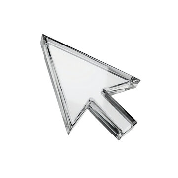 Three dimensional glass computer mouse cursor arrow pointing upward isolated on a transparent background