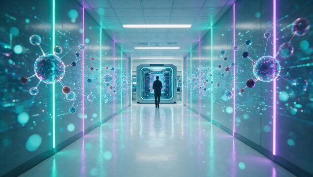 Futuristic Laboratory Corridor with Molecular Data and Scientist
