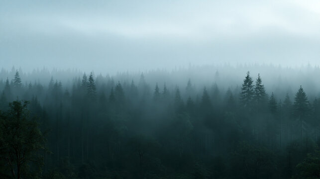 Misty Coniferous Forest Landscape with Dense Morning Fog