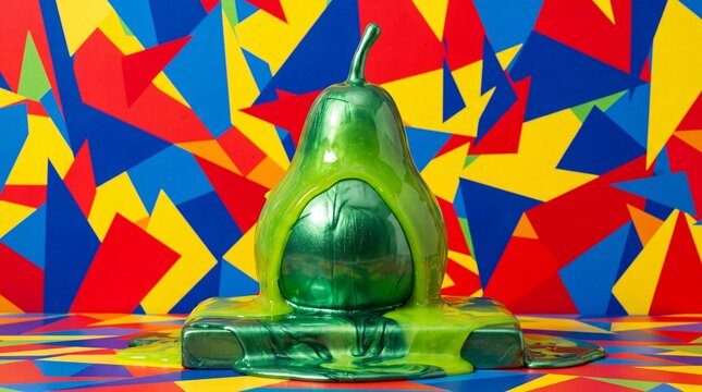 Green Dripping Pear Sculpture on Colorful Geometric Background