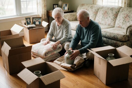 Elderly couple packing a vase and quilt into a moving box