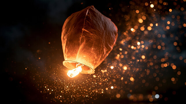 Illuminated Sky Lantern Flying at Night with Sparks