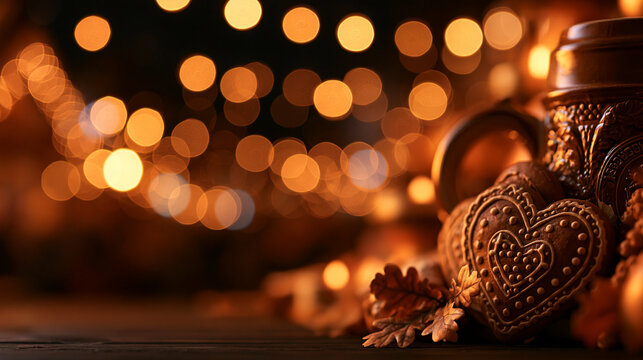 Gingerbread Heart Cookie and Beer Mug with Festive Bokeh