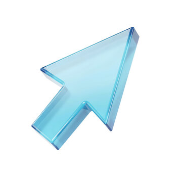 Three dimensional glass computer mouse cursor arrow pointing upward isolated on a transparent background