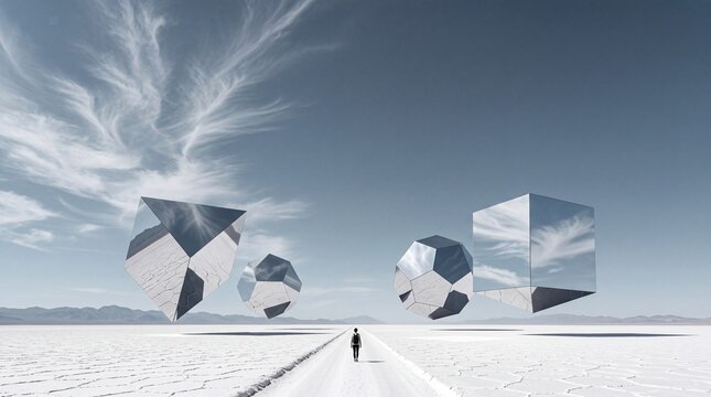 Surreal Landscape with Floating Mirrored Geometric Shapes and Figure