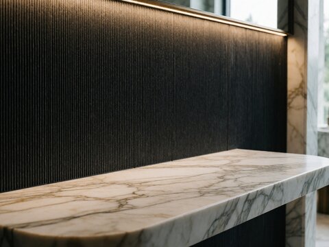Modern marble vanity with backlit fluted wall panel