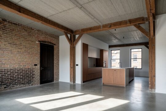 Modern loft apartment features preserved brick wall exposed wooden beams and concrete ceiling. Open plan living space includes minimalist kitchen and concrete floor with sun shadows.