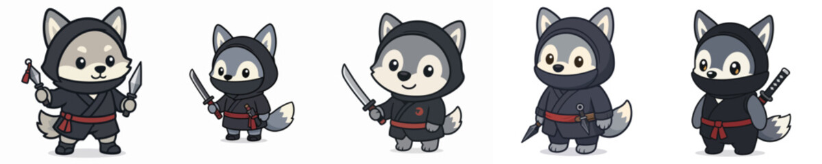 Cute vector collection of a wolf in a ninja costume, ninja costume animal theme © Tofa