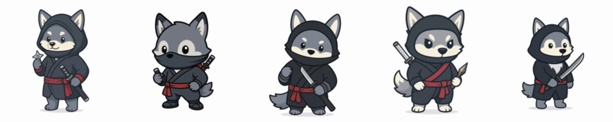 Cute vector collection of a wolf in a ninja costume, ninja costume animal theme © Tofa