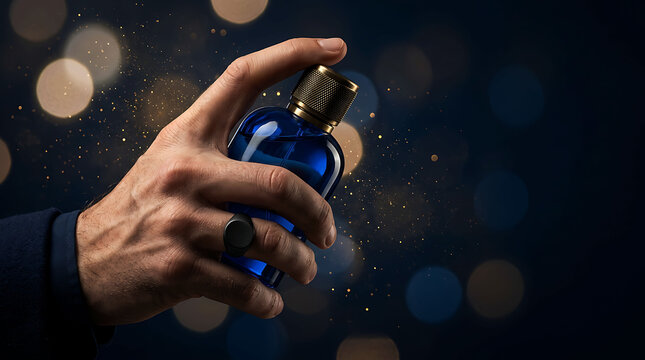Man spraying luxury blue cologne or perfume on dark festive holiday background