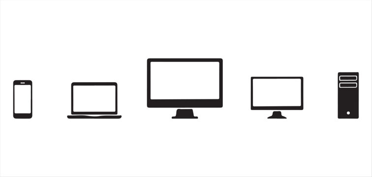 Responsive digital device black icons collection showcasing screens from smartphone to computer desktop PC vector Illustrator Eps 10.eps