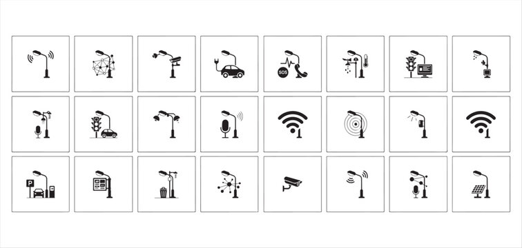 Smart street light black icons set featuring wireless sensors and solar power technology for urban use vector Illustrator Eps 10.eps